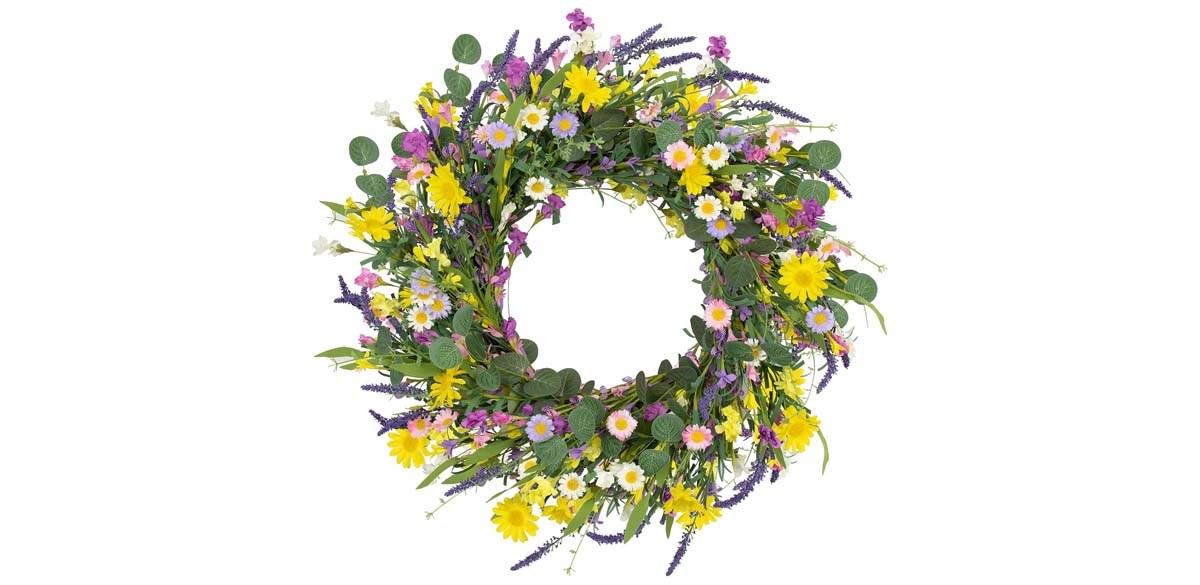 J'FLORU 22-Inch Artificial Daisy and Lavender Wreath with Wildflowers