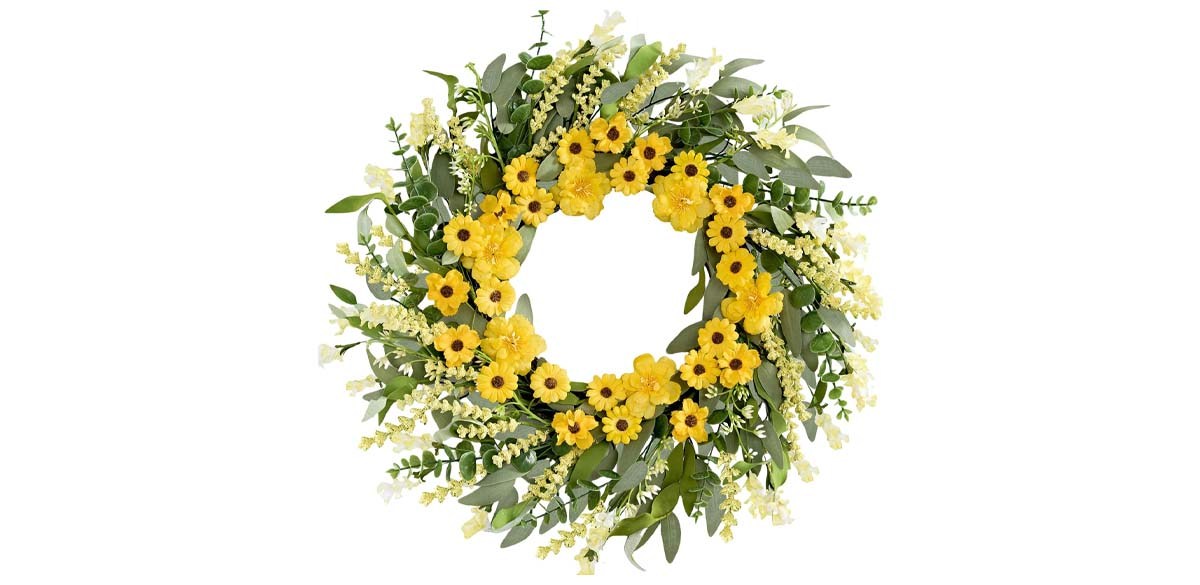 MAINGKAUNG Yellow Daisy Green Eucalyptus Leaves Lavender Spring Wreath