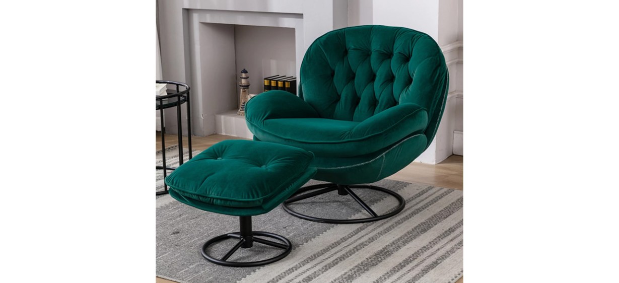 Green Arctic Scorpion Velvet Swivel Accent Chair with Ottoman Set next to fireplace
