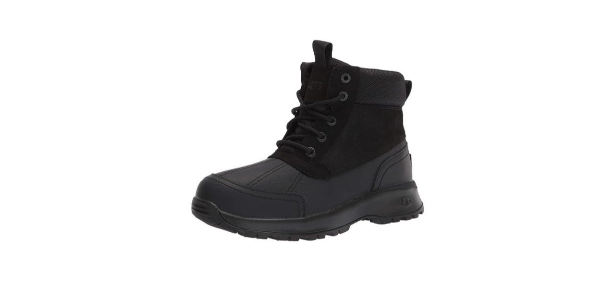 A pair of black duck boots