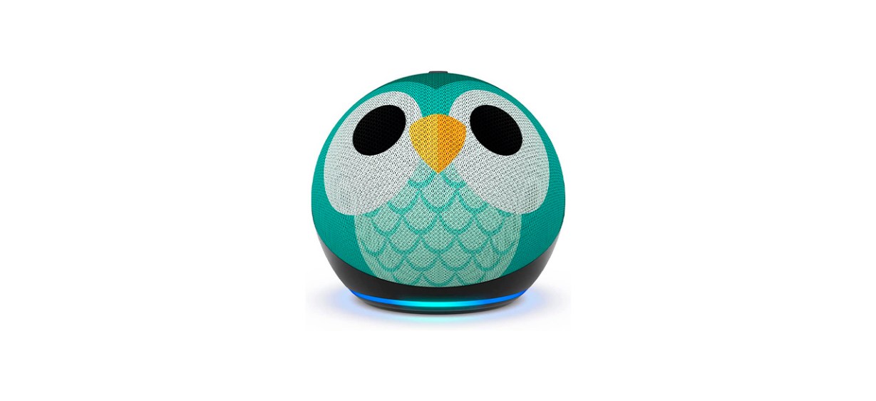 A spherical smart speaker painted with the design of an aqua owl face