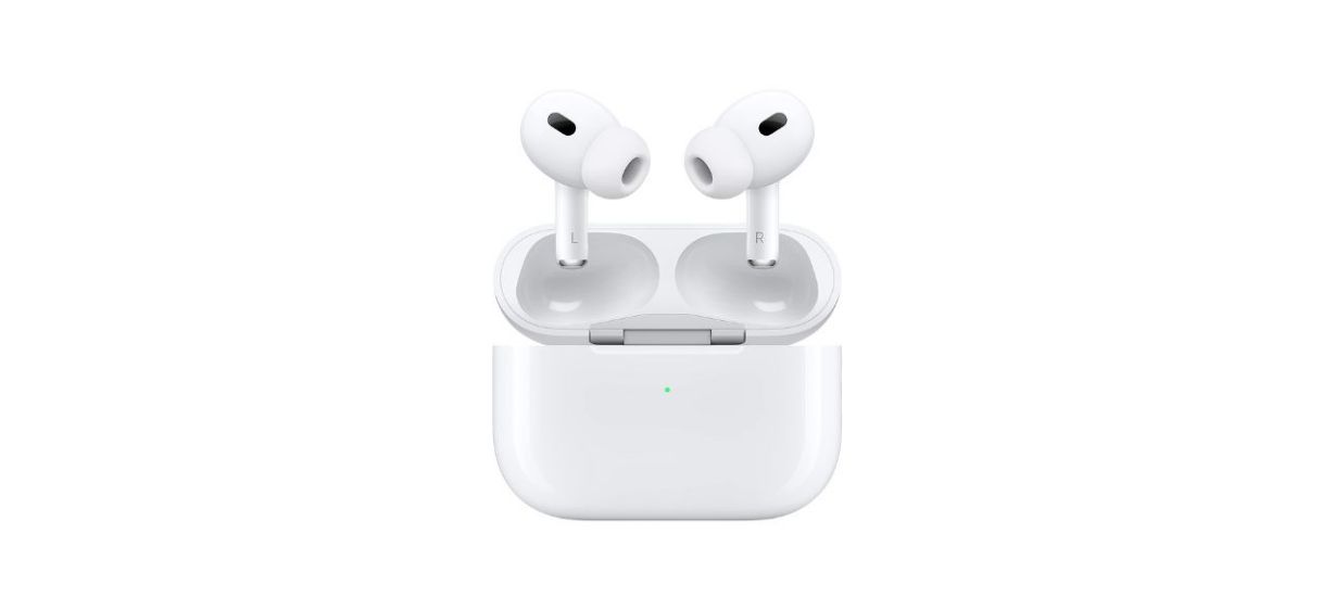 A pair of white AirPods Pro in a charging case