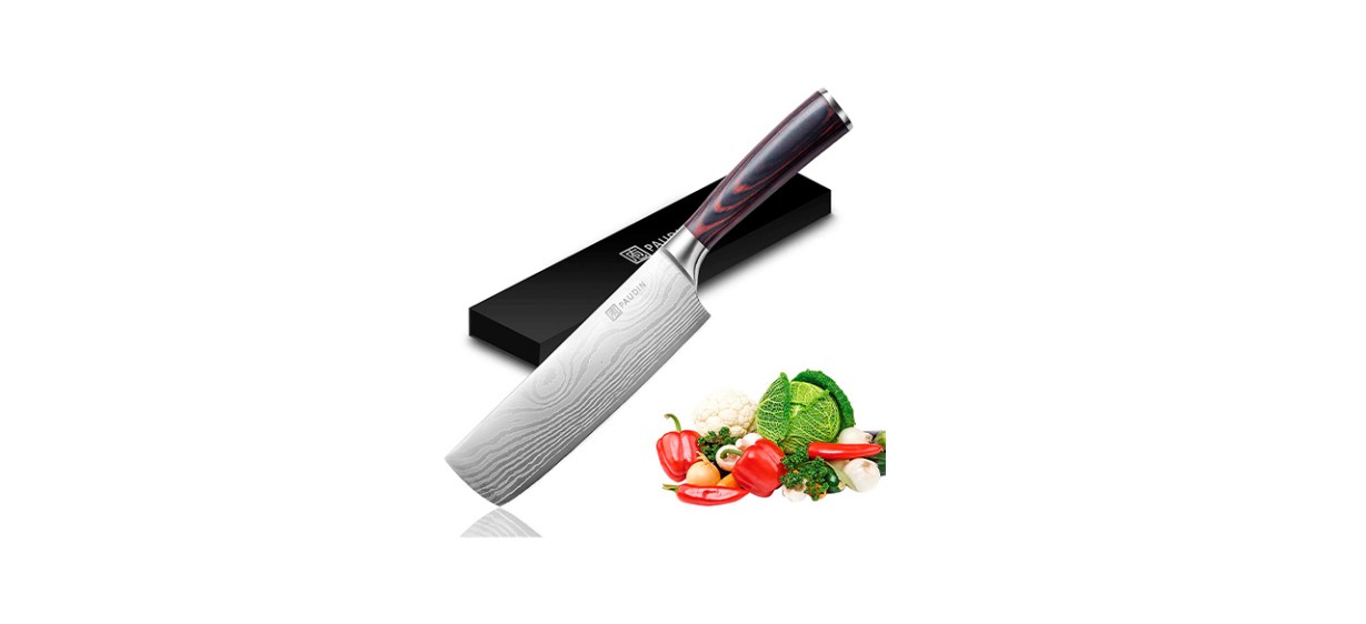 A nakiri knife with a dark wooden handle