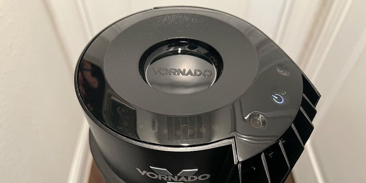 Closeup top view of black Vornado OSC84 Tower Fan Closeup top view of black Vornado OSC84 Tower Fan