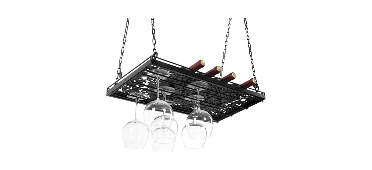 MyGift Black Metal Hanging Wine Glass Rack