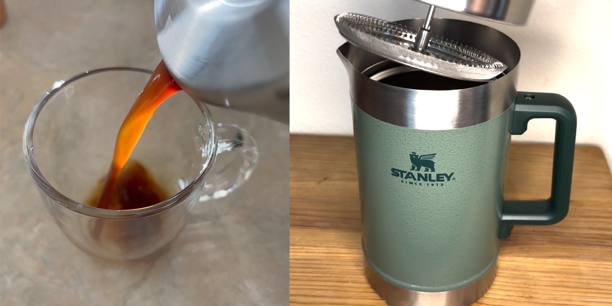 Collage with coffee being pored into cup on left and Stanley French Press on right