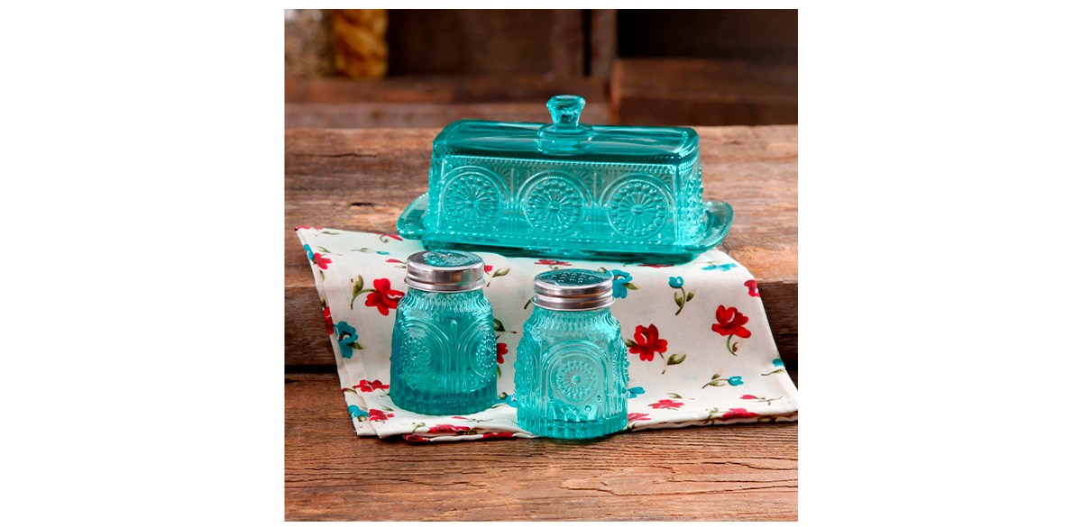 The Pioneer Woman Adeline Glass Butter Dish with Salt And Pepper Shaker Set