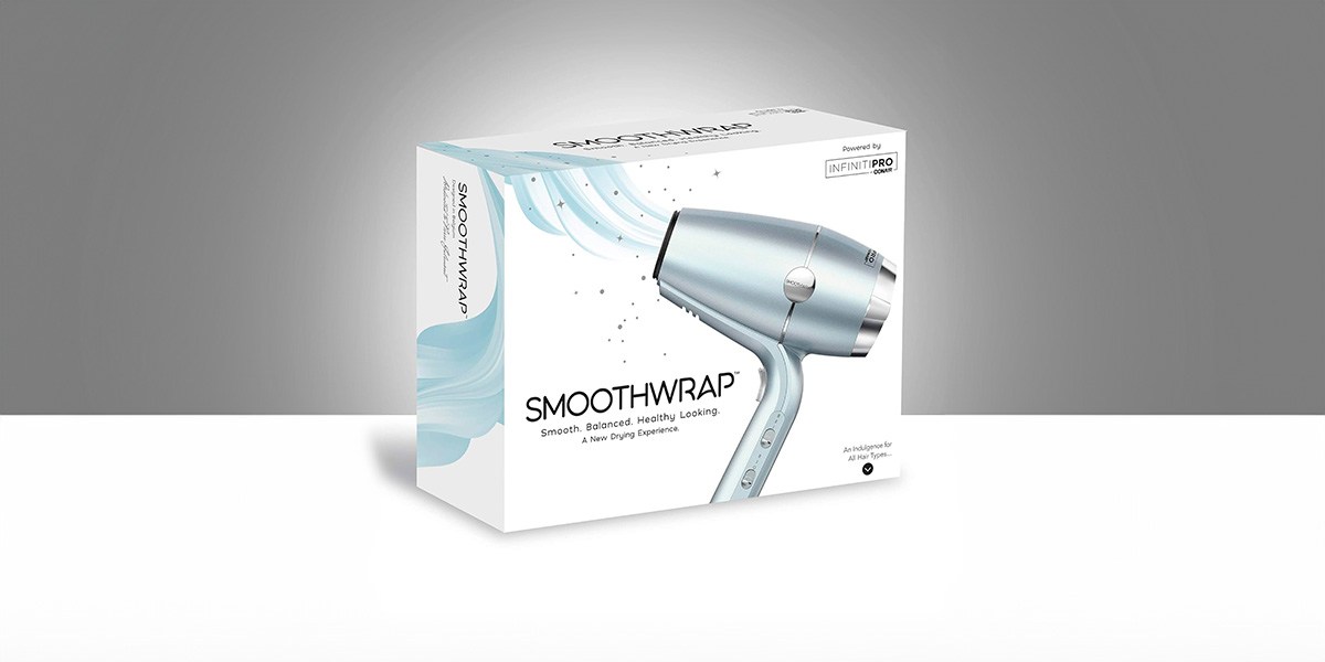 Conair InfinitiPro SmoothWrap Hair Dryer product packaging on gray and white background Conair InfinitiPro SmoothWrap Hair Dryer product packaging on gray and white background