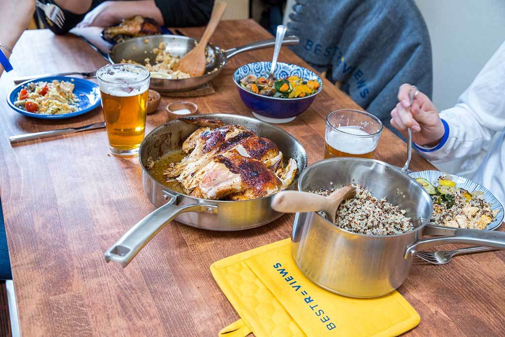 The BestReviews team enjoys a feast of chicken and rice.