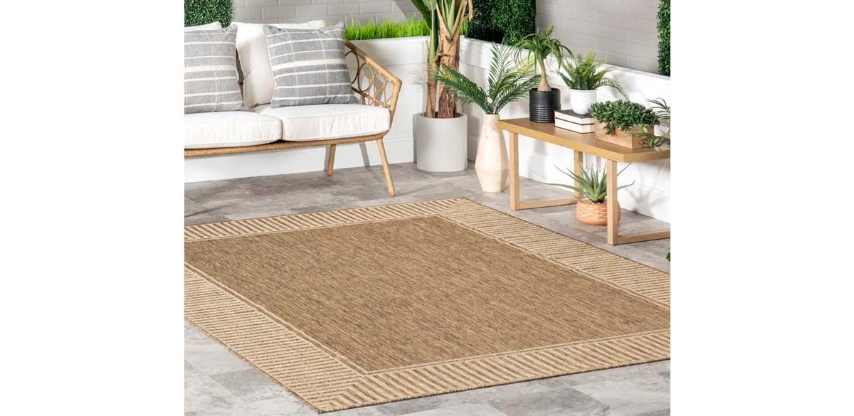 Gracie Oaks Alegre Bordered Power Loomed Tan Indoor-Outdoor Rug