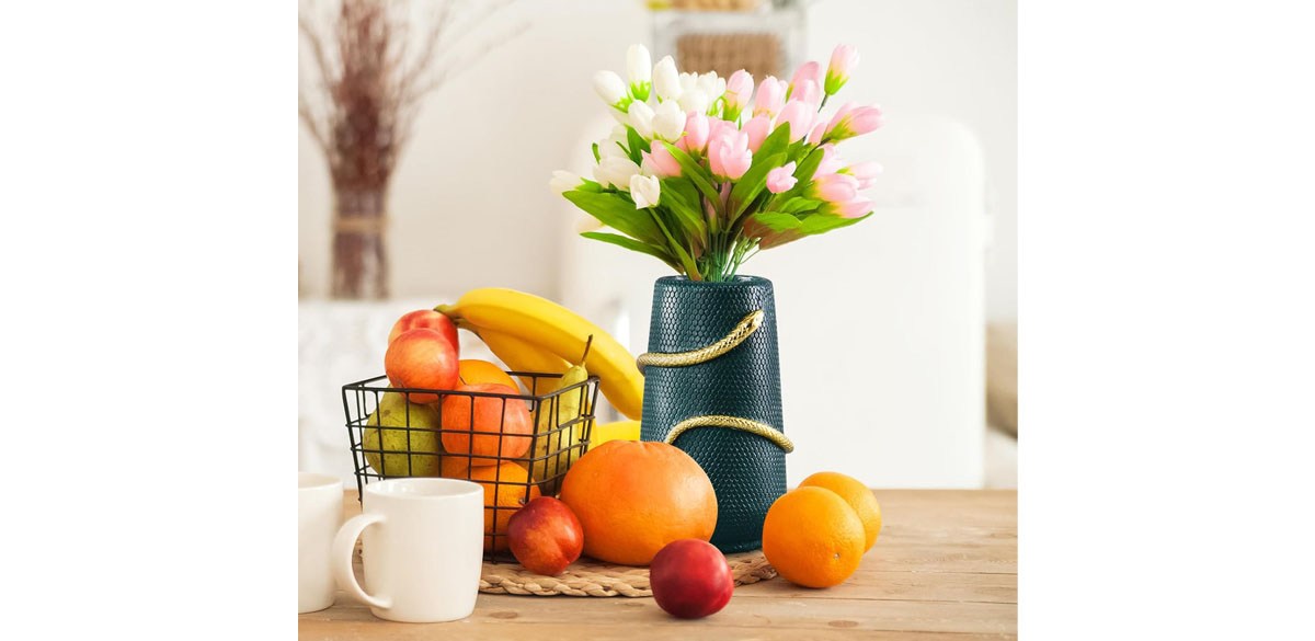 Flower Vase 8 Inch Green and Gold Snake