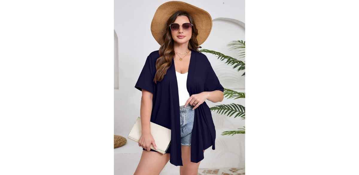 SHOWMALL Women's Plus Size Short Sleeve Cardigan