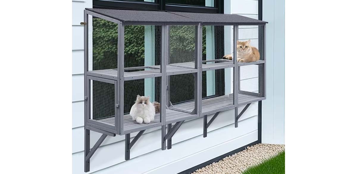  beeNbkks Double Deck Catio Wood Cat Window Perch, Grey
