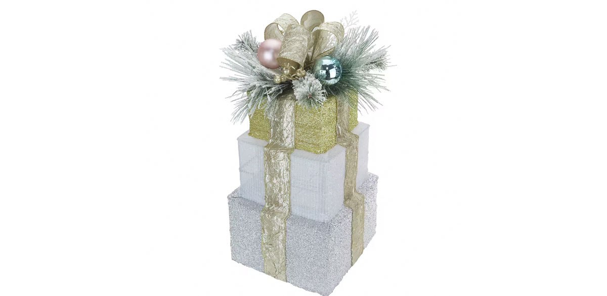 24 inch Silver &amp; Champagne LED Gift Box Stack Accent by Ashland