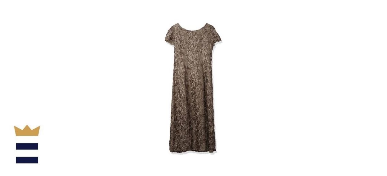 Alex Evenings Plus Size Long A-Line Rosette Dress with Short Sleeves