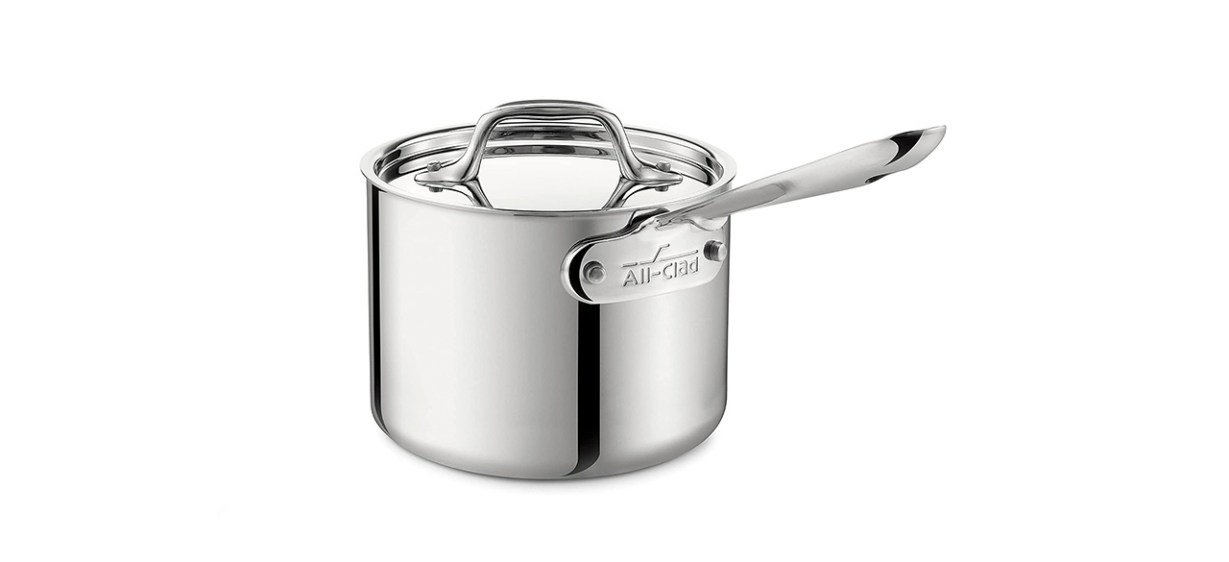 A metal sauce pan with a handle and a lid (which also has a handle)