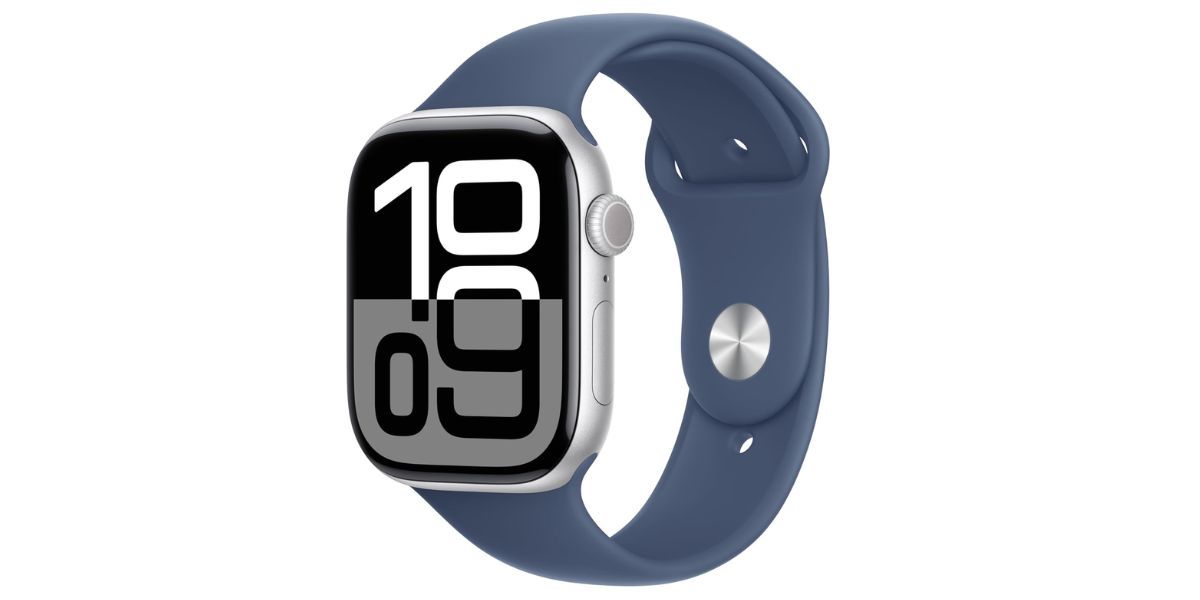 Apple Watch Series 10 [GPS 46mm case] Smartwatch with Silver Aluminum Case with Denim Sport Band - M/L