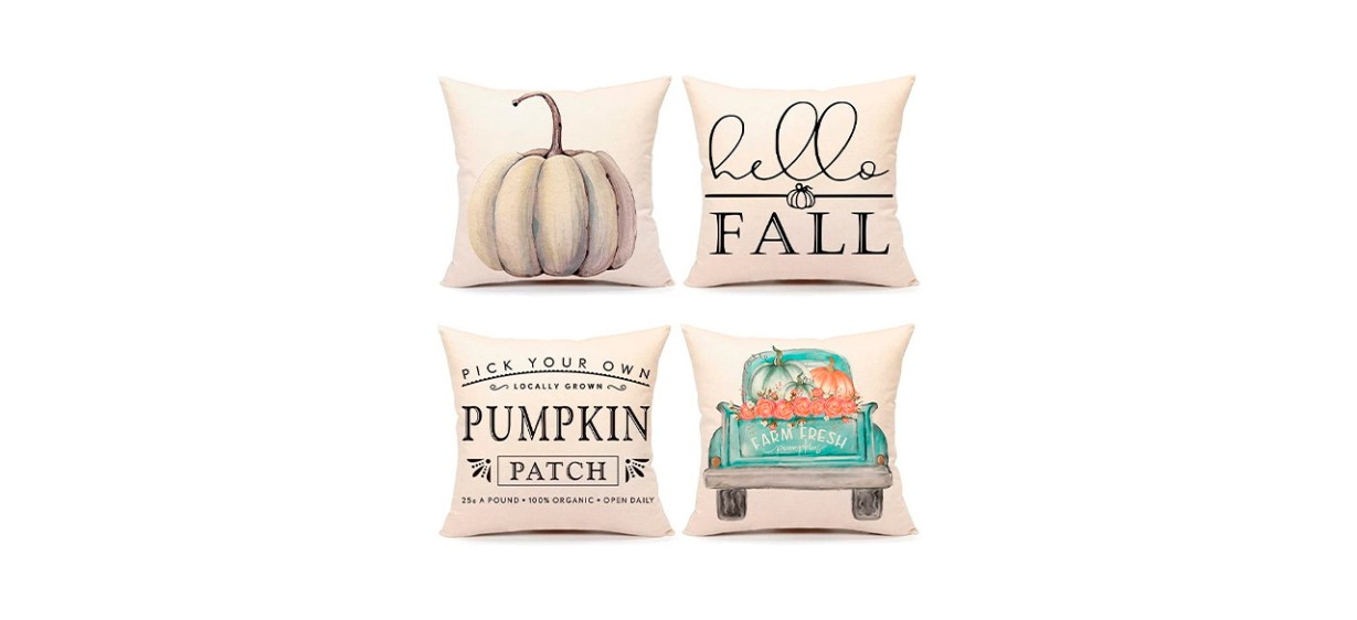 4 light beige square pillows; one has a white pumpkin on it; one says &quot;hello fall&quot;; one says &quot;pick your own locally grown pumpkin patch&quot; on it; one has an aqua pickup truck with pumpkins in the back on it. 