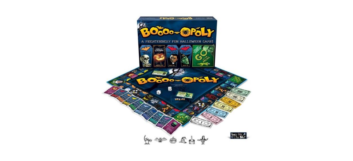 Boooo-opoly game board and pieces on white background