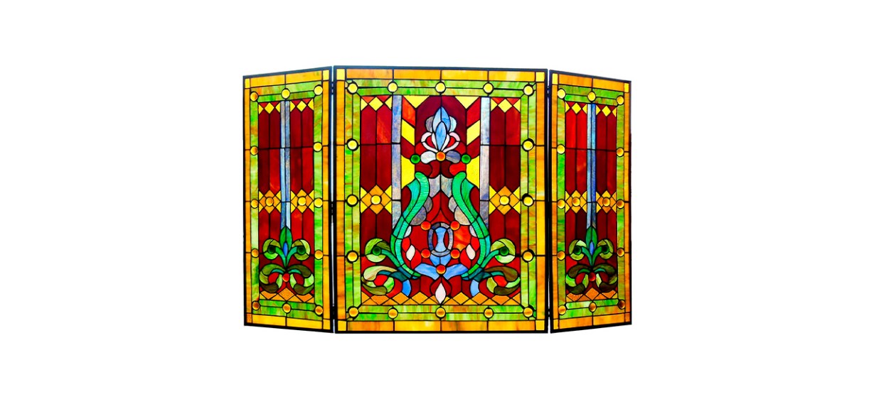 Stained glass fireplace screen on white background