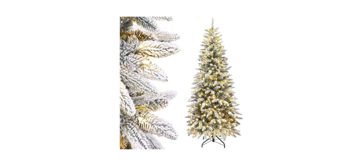 Best Decoway Pre-Lit Artificial Flocked Pencil Christmas Tree 