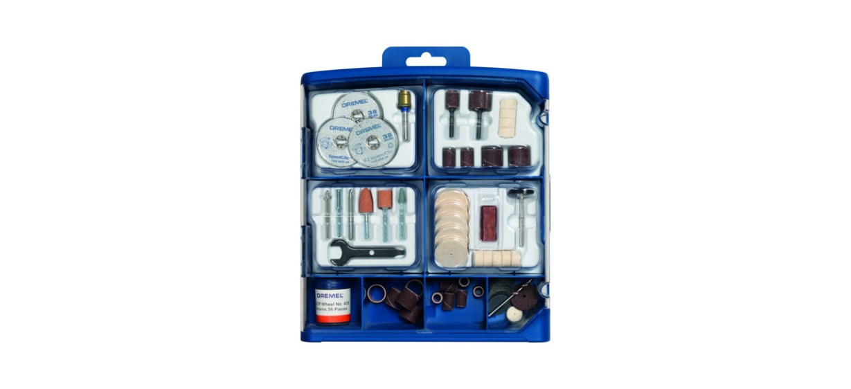 A blue box with sections of different Dremel accessories in it