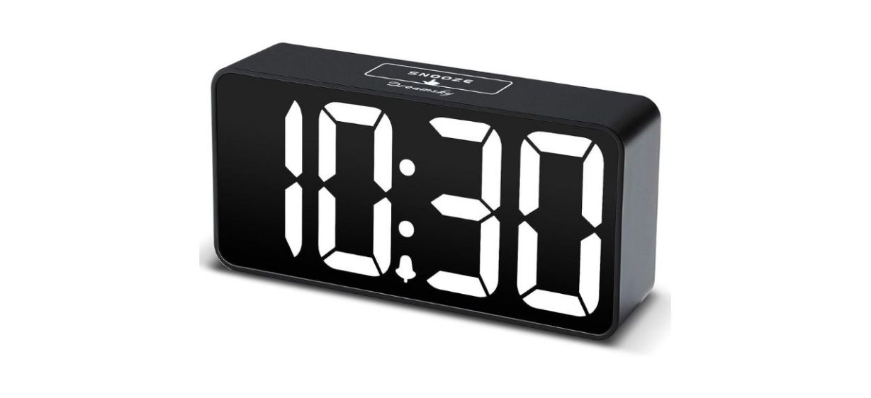 DreamSky Compact Digital Alarm Clock with USB Charging Port on white background