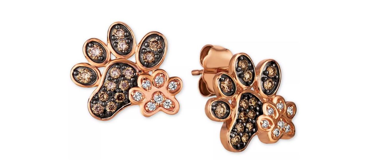 Le Vian Nude &amp; Chocolate Diamond Paw Prints Stud Earrings on white background