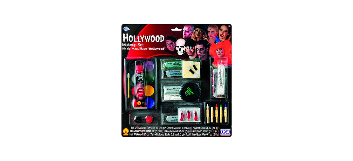 A costume makeup kit with face paints and fake blood