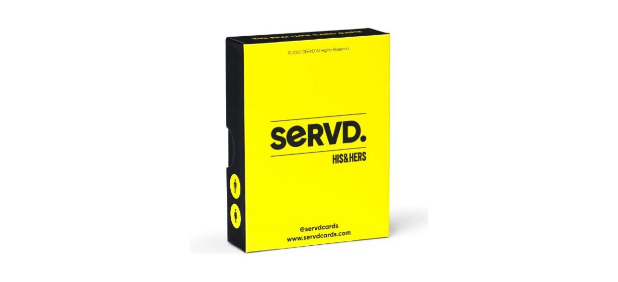 Servd His and Hers The Hilarious Real-Life Couples Card Game; yellow box on white background
