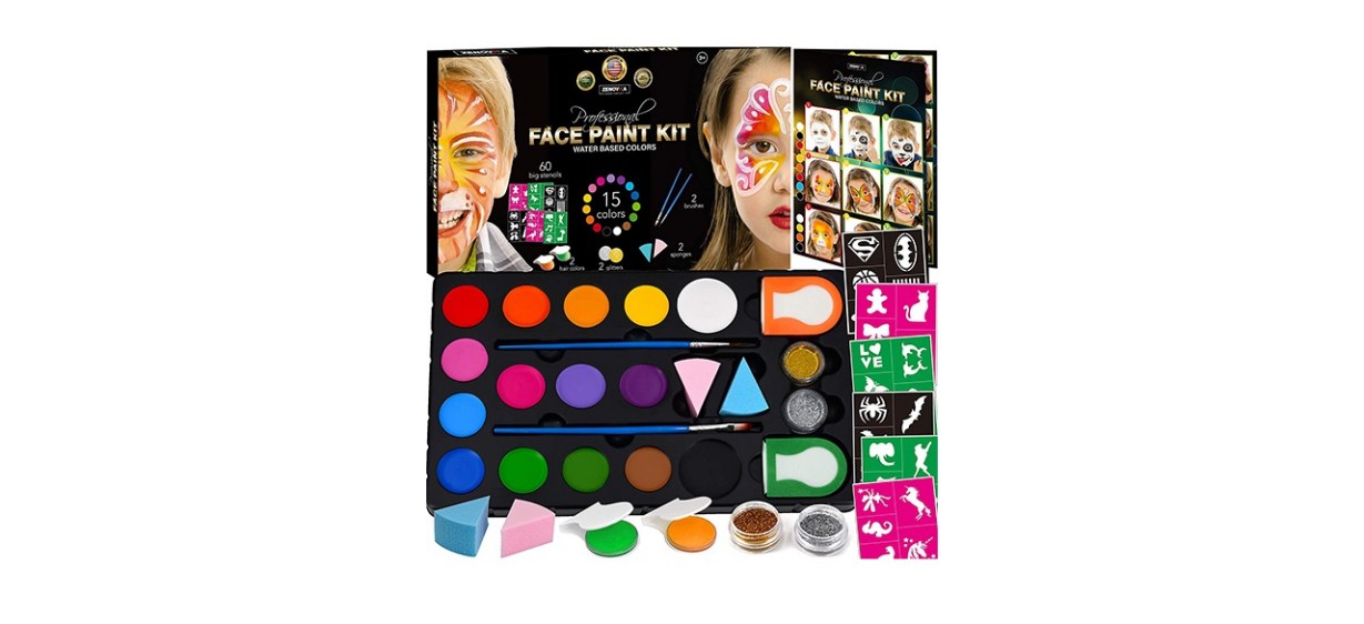 Face Painting Kit for Kids, 15 Colors Non-Toxic Water Based Face Paint  Kits, Brushes Sponges Glitters Gem Sheet Stencils Hair Chalk Halloween  Makeup