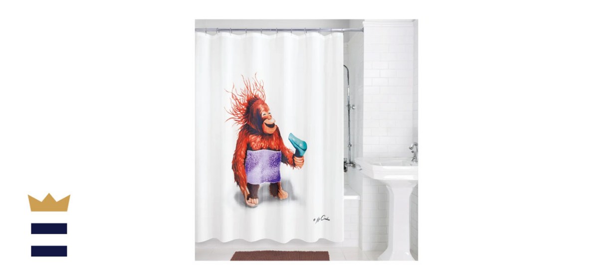 Image of a shower curtain depicting a monkey with a hair dryer
