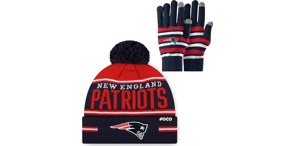 FOCO NFL unisex-adult Nfl Team Logo Adult Stretch Gloves With Big Wordmark Strip Pom Knit Hat Beanie Set