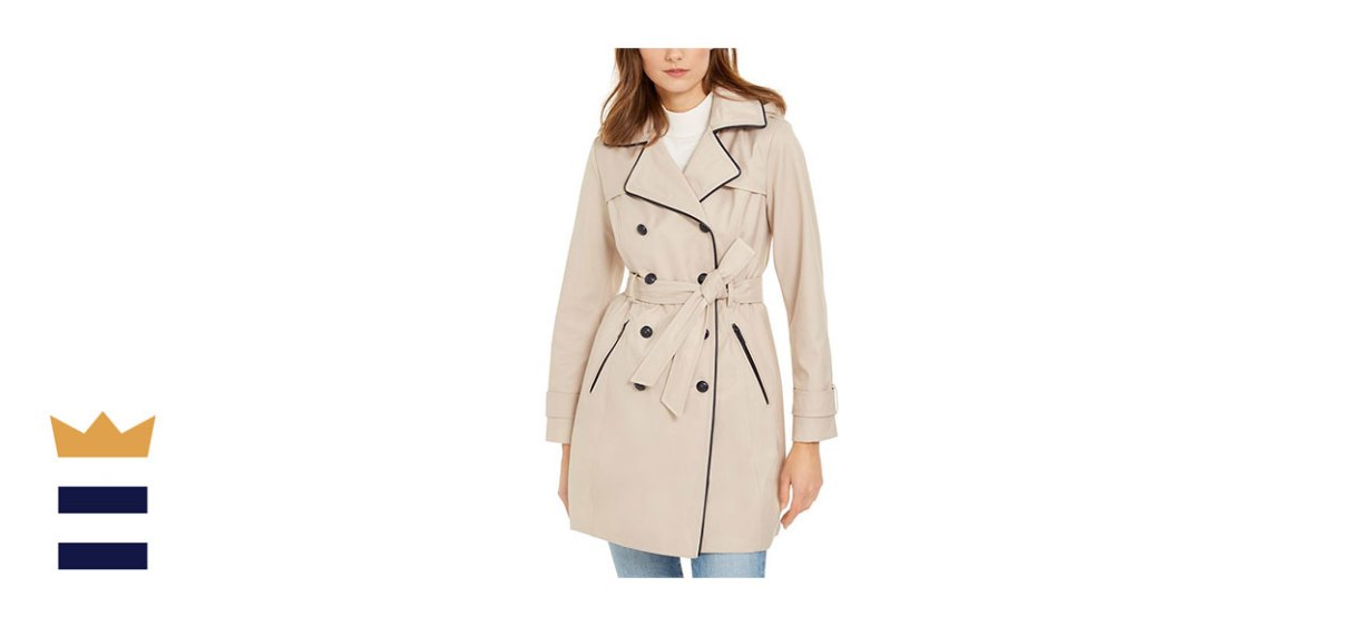 GUESS Faux-Leather-Trim Water-Resistant Double-Breasted Trench Coat