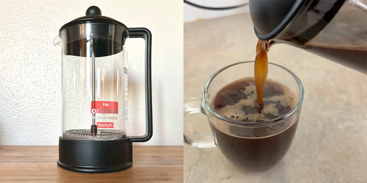 Collage with Bodum Brazil French Press on left and cup of coffee on right