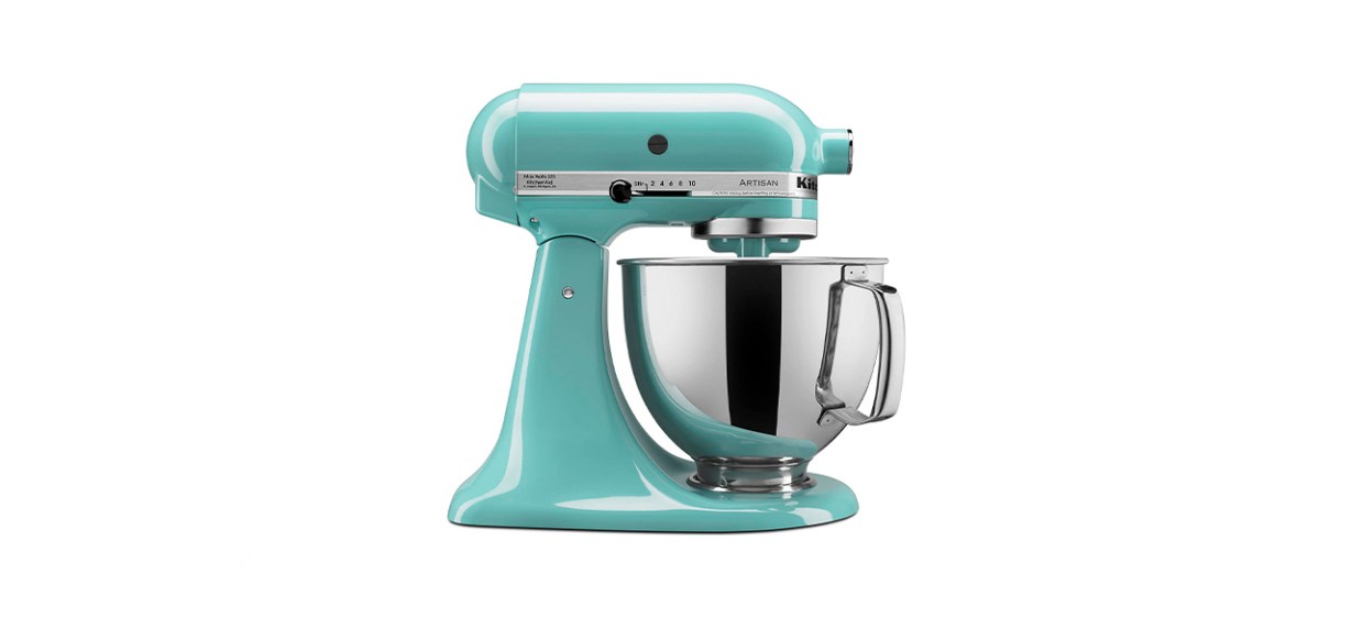 A bright teal stand mixer with a metal bowl that has a handle on the side