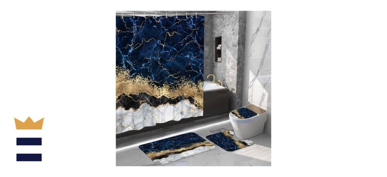  Lavsils 4Pcs Black Marble Shower Curtain Set, Bathroom