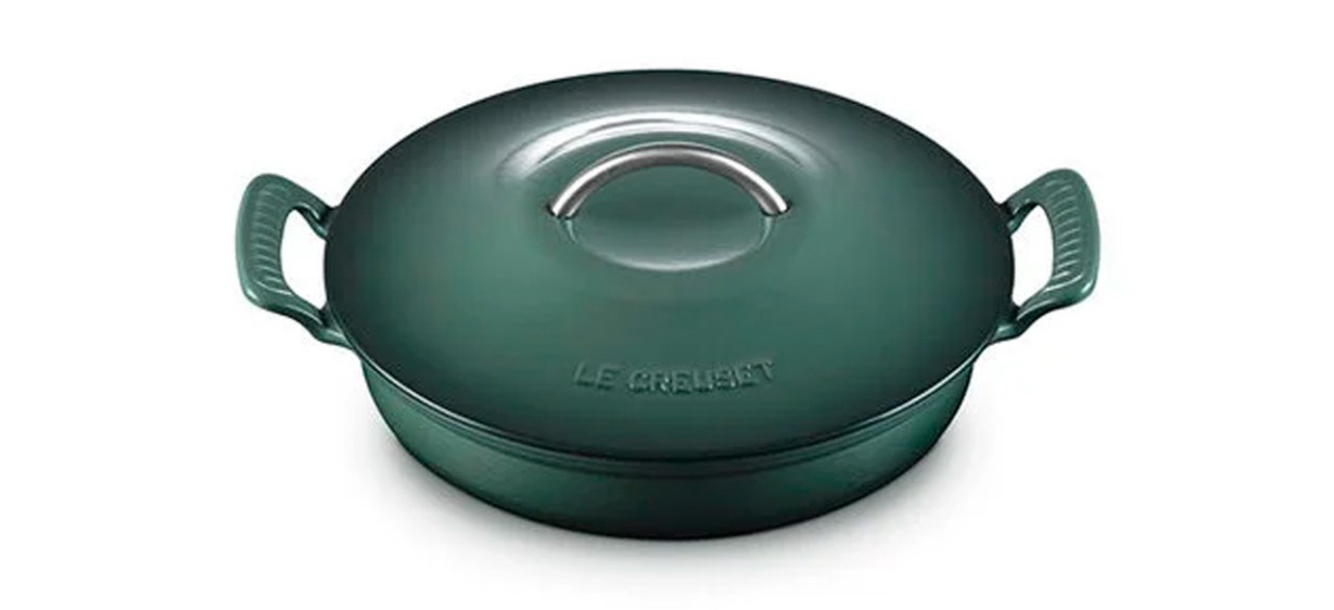 Le Creuset Modern Heritage Round Braiser in a dark green (color is called &quot;Artichaut&quot;)