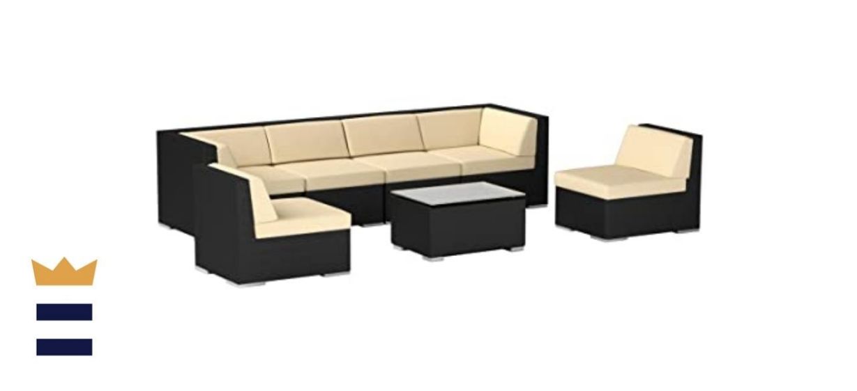 Ohana Depot Black Seven-Piece Wicker Patio Seating Set with Sunbrella Natural Cushions