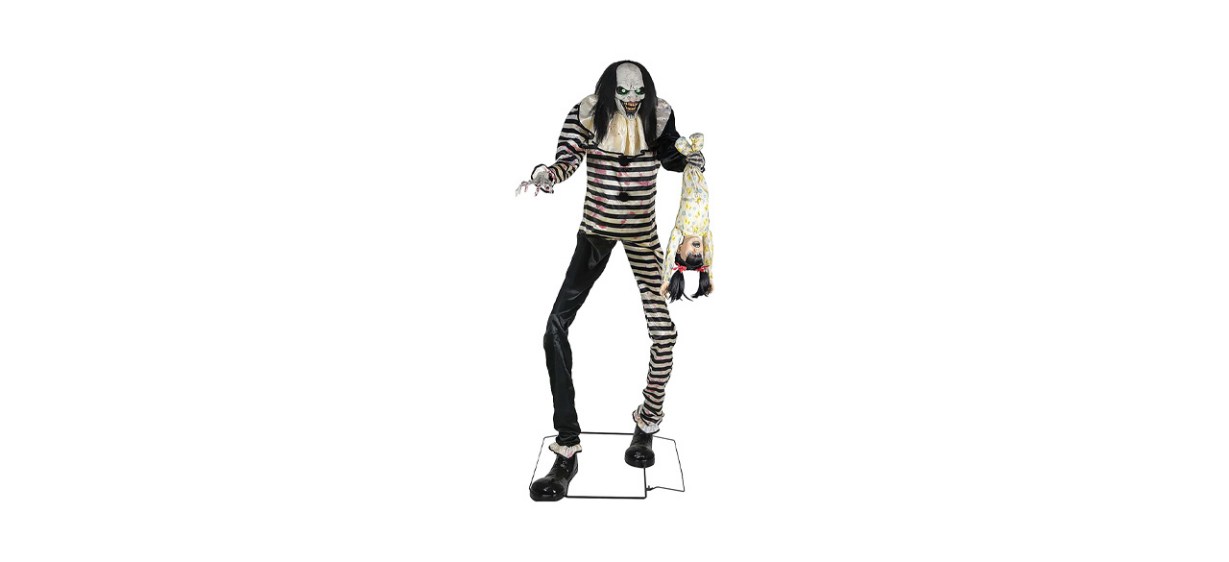 A scary, skinny clown inflatable wearing a striped shirt and skinny black pants. It has stringy black hair.