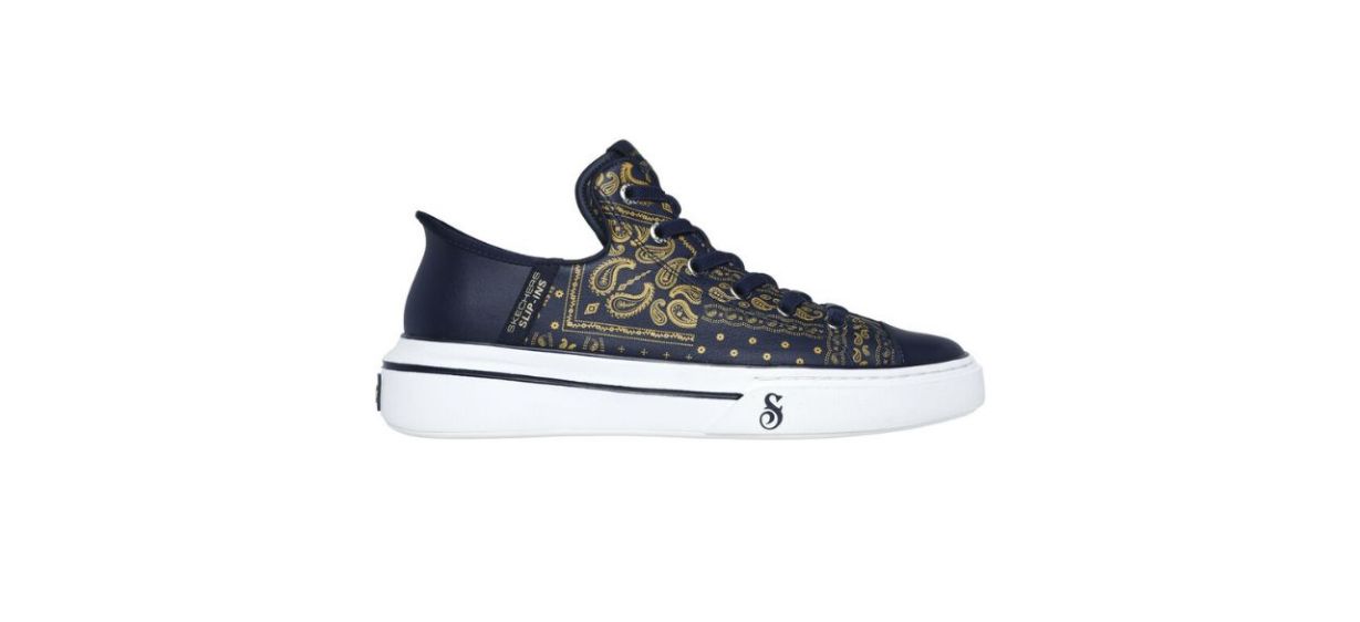 blue leather slip-on sneakers with a metallic paisley design