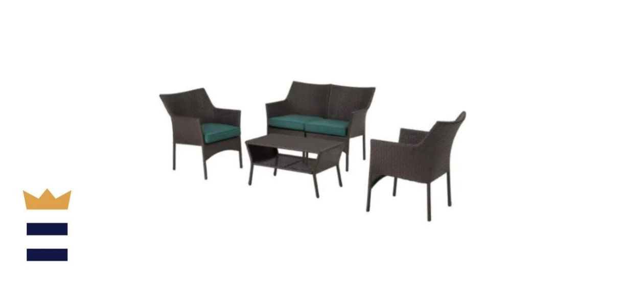 Style Well Terrace View Four-Piece Wicker Patio Conversation Seating Set with Green Cushions