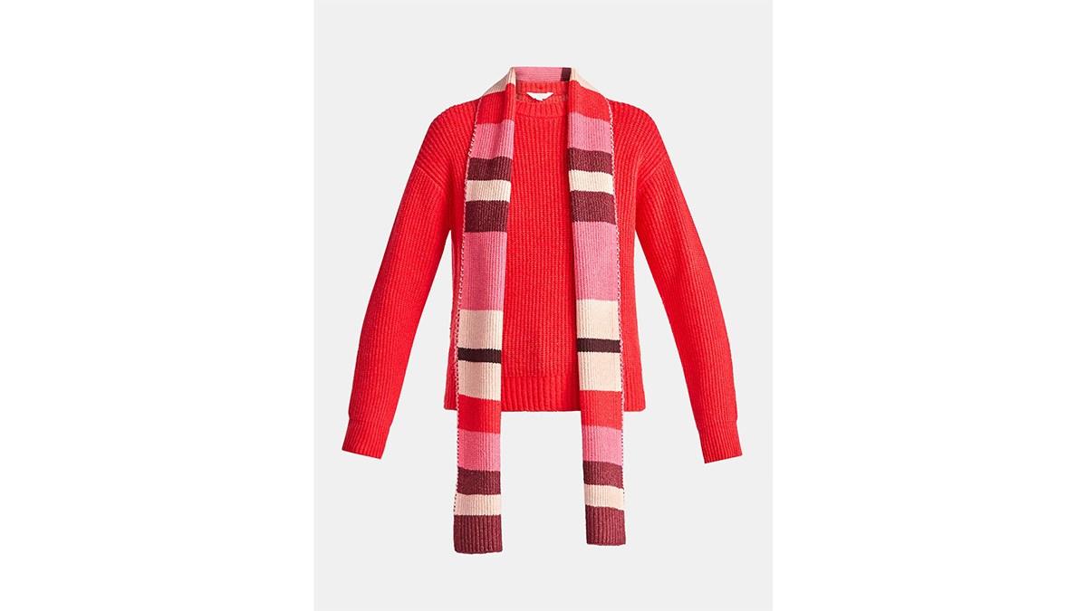 Time and Tru Women's Ribbed Crewneck Sweater and Stripe Scarf Set