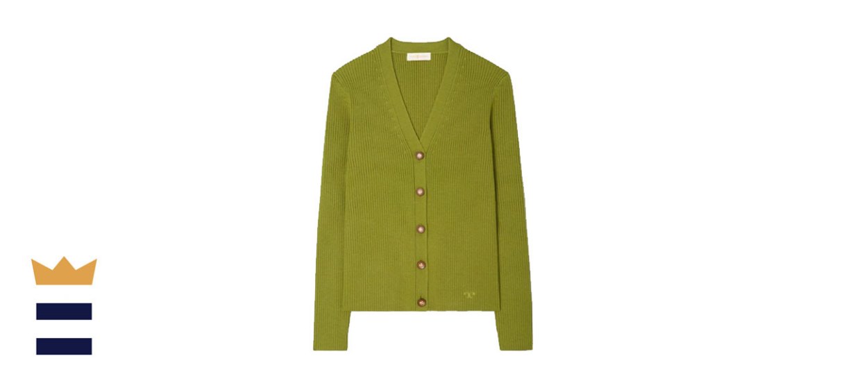 Tory Burch Women’s Ribbed Cardigan in Dark Mossy Green