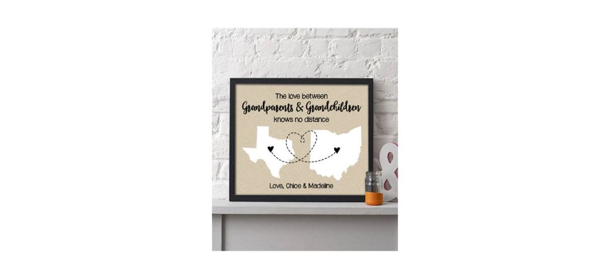 Two State Paper Art Print Map displayed on a mantel