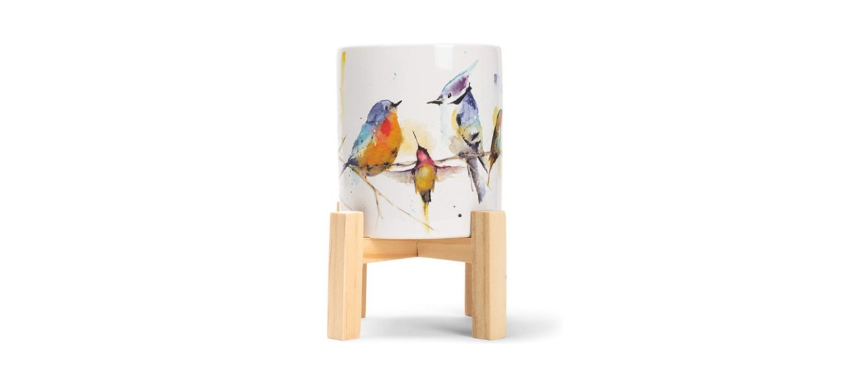 DEMDACO Dean Crouser Little Birds Watercolor Green 7 x 4 Ceramic Stoneware and Wood Mini Planter