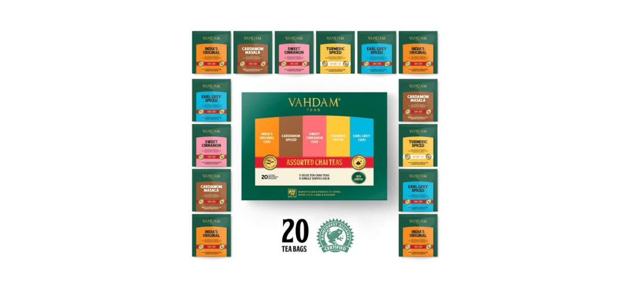 Vahdam Chai Tea Sampler on white background; includes 20 tea bags