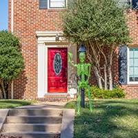 a green skeleton in front of a house