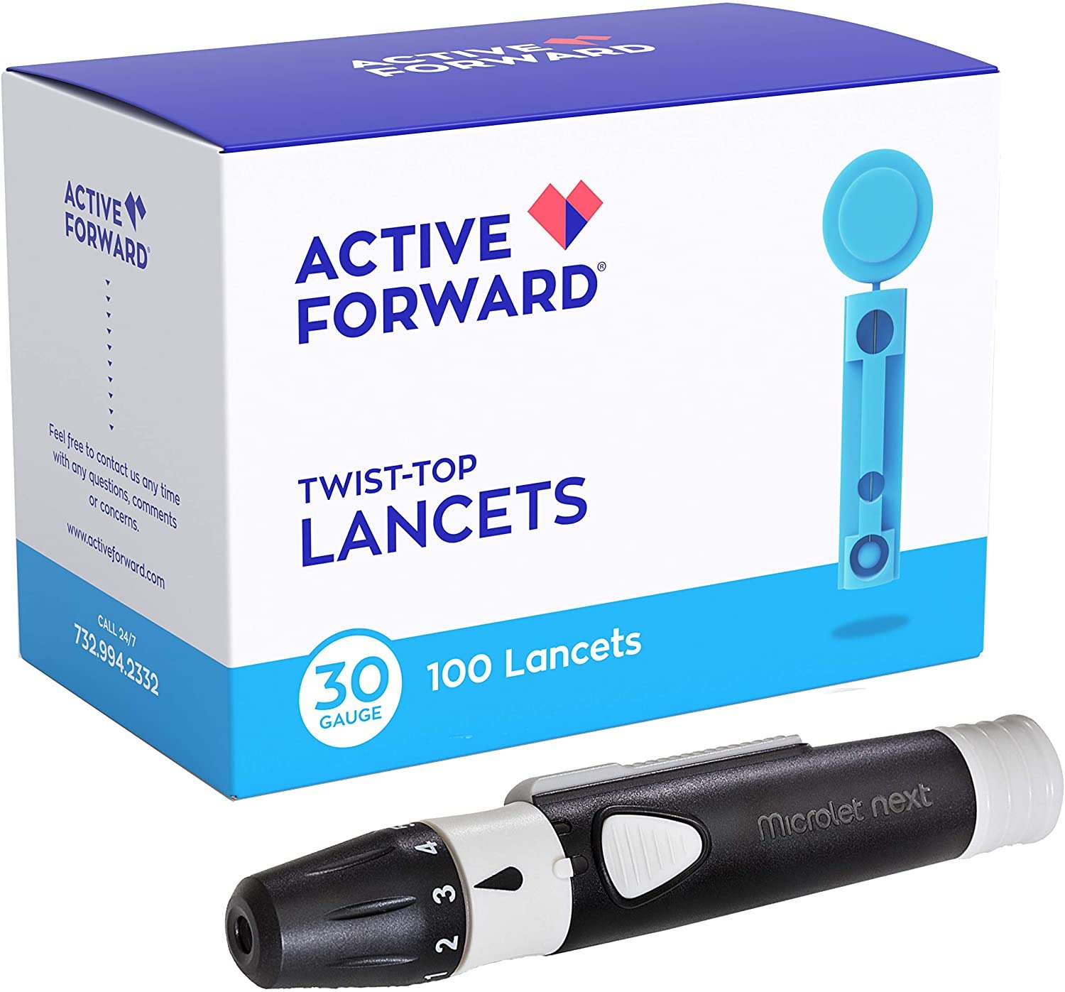 Active Forward Microlet Lancing Device with 100 Active Forward 30-Gauge Lancets