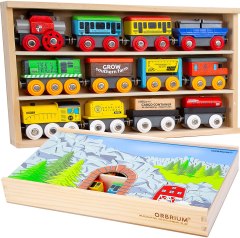 Orbrium Toys 12-Piece Wooden Engines and Train Cars Collection